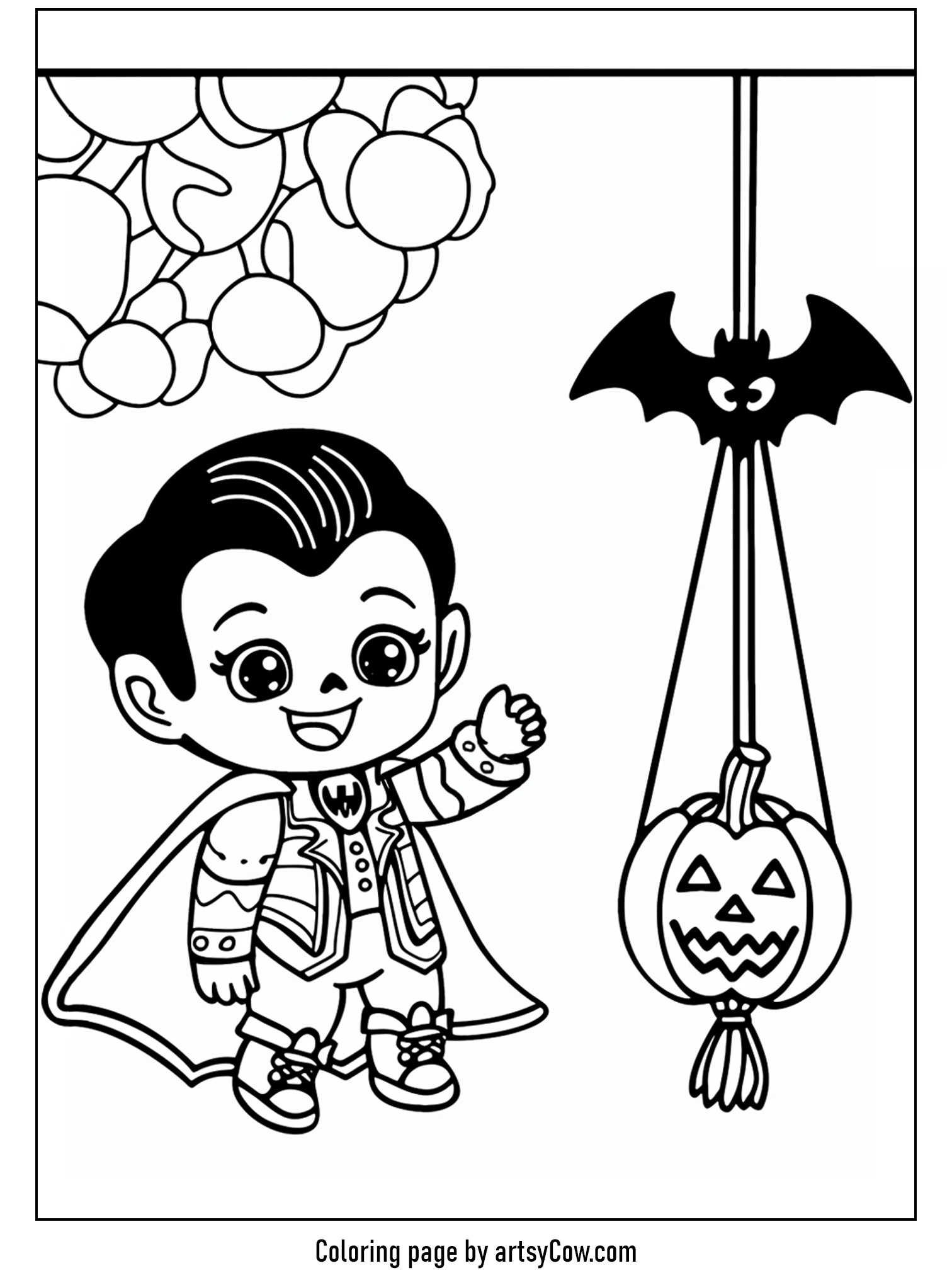a cute vampire character and a bat hanging alongside a spooky pumpkin